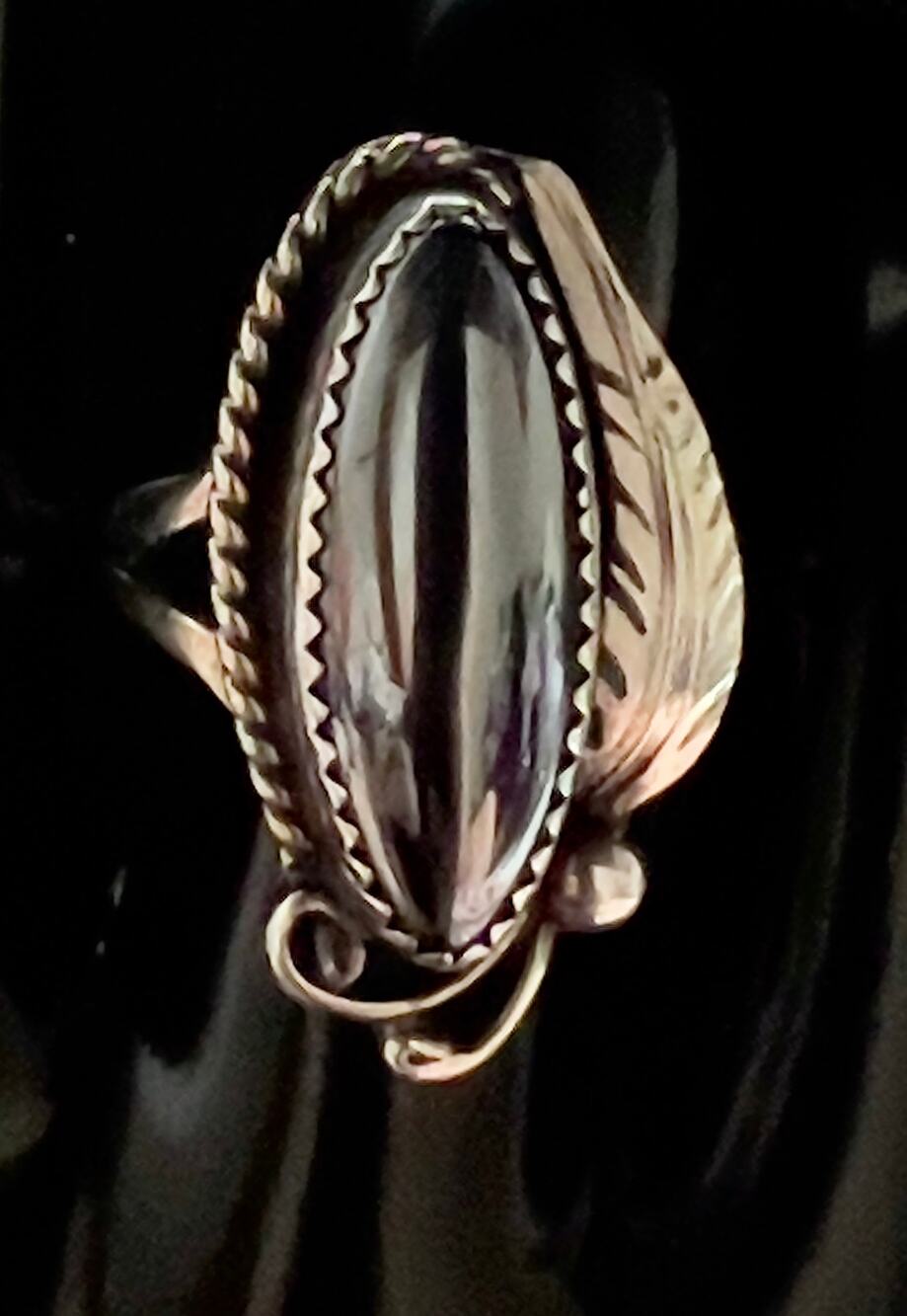Navajo Sterling Hematite Feather and Stone Ring